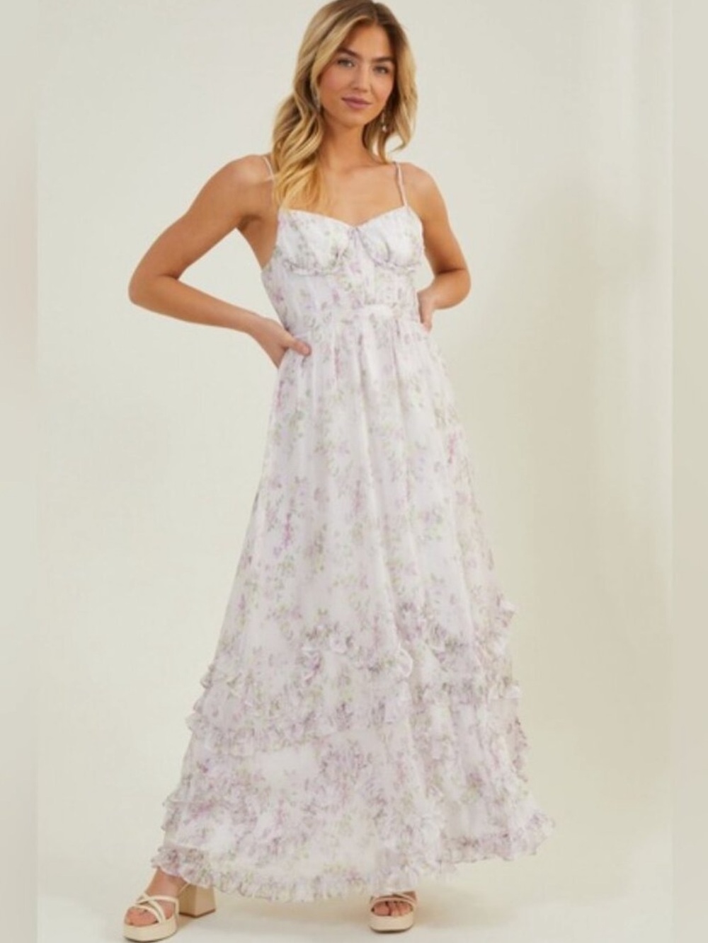 ALTAR'D STATE Ada Tiered Floral Corset Maxi Dress Lace-up Back Ruffle M READ